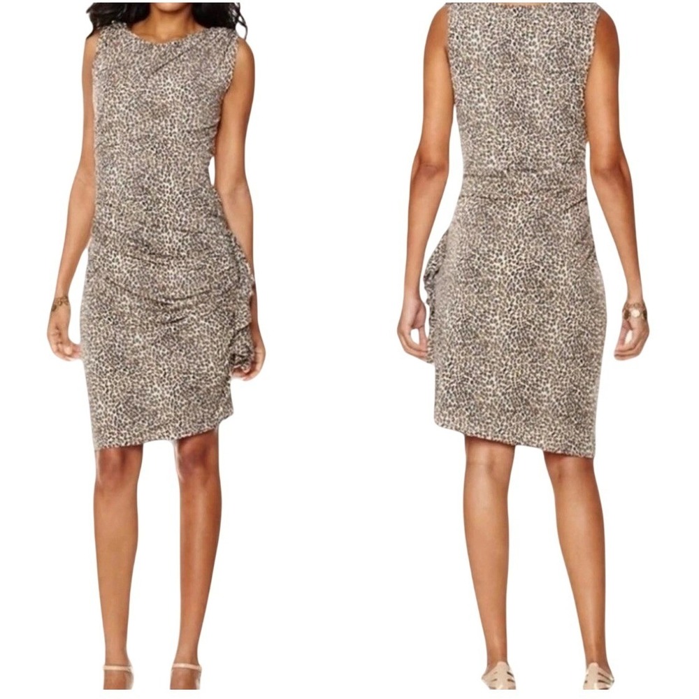 Betsey Johnson‎ Sheath Dress 10 Tan Leopard Print Ruched Sleeveless Asymmetrical